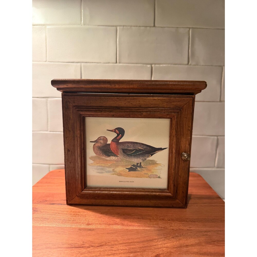Vintage Handmade Wood Key Cabinet Bimaculated Duck Lithograph Print